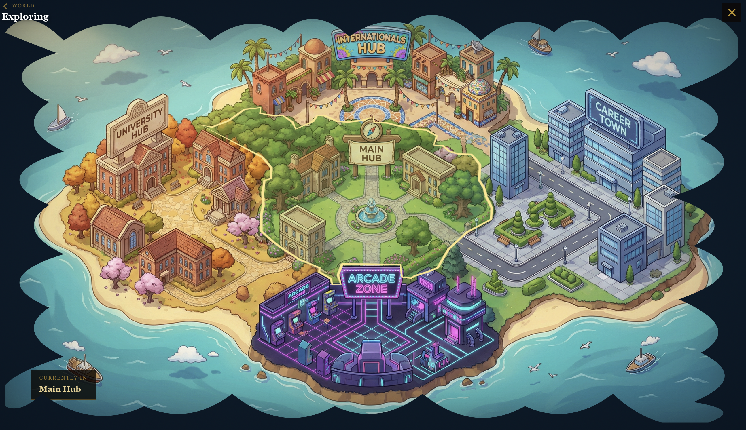 Chapter game world — explorable island with different zones